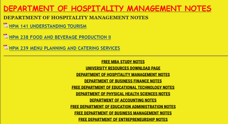 DEPARTMENT OF HOSPITALITY MANAGEMENT NOTES - KENYA